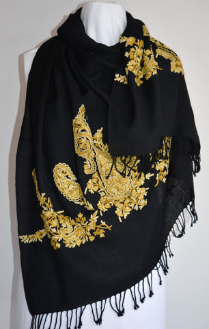 Gold & Black Wool Embroidered Shawl