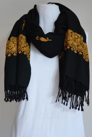 Black on Gold Embroidered Wool Shawl